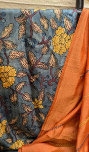embroidered orange kala leheriya kasuti saree combo pallu detail